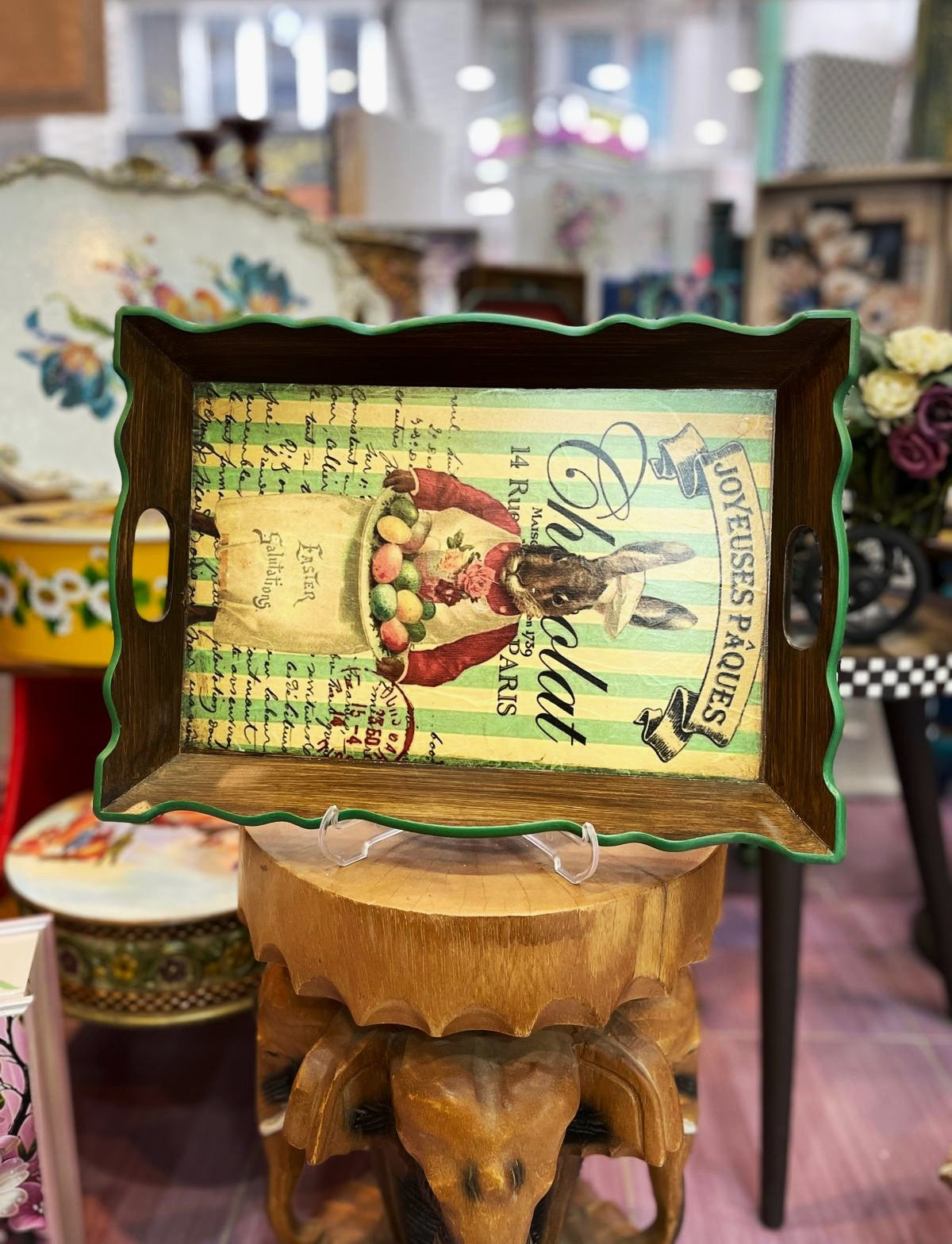 Vintage Paskalya Selamı El Boyaması Ahşap Tepsi