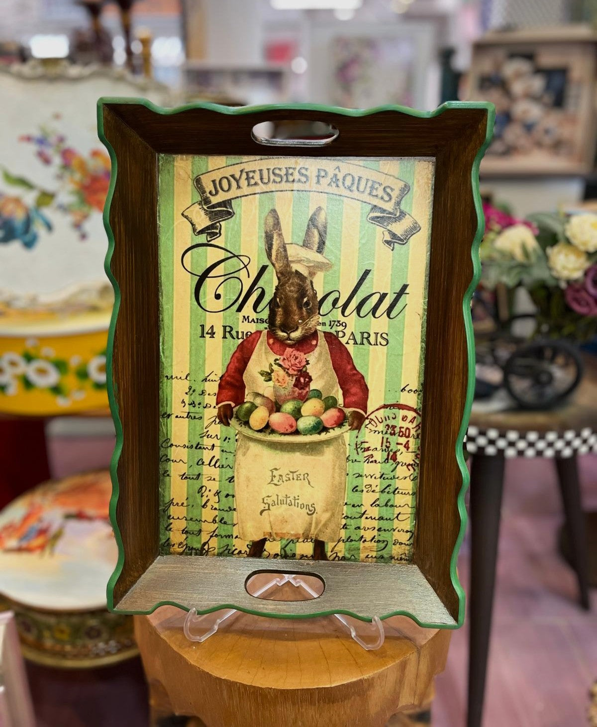 Vintage Paskalya Selamı El Boyaması Ahşap Tepsi